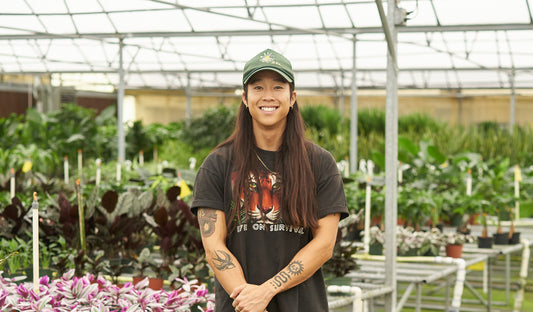 Cofounder Kay surrounded by plants at the Rooted greenhouse.