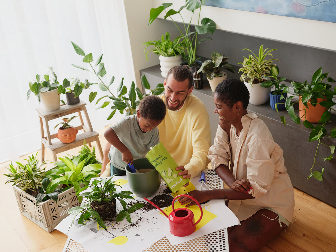 A family potting plants at the kitchen table.